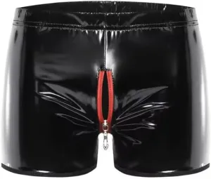 Faux PU Leather Boxershorts Zipper Open Crotch Shorts Mens Boxer Briefs Tights Trunks Underwear