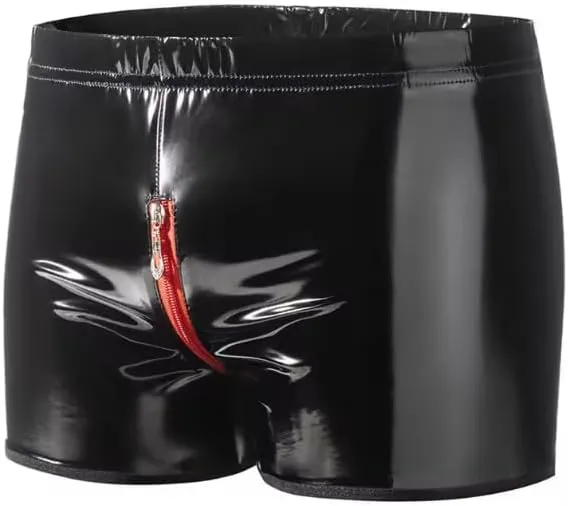 Faux PU Leather Boxershorts Zipper Open Crotch Shorts Mens Boxer Briefs Tights Trunks Underwear
