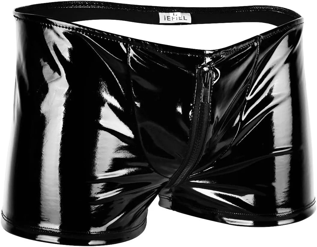 FEESHOW Men's PVC Metallic Boxer Briefs Zipper Pouch Open Butt Shorts Underwear