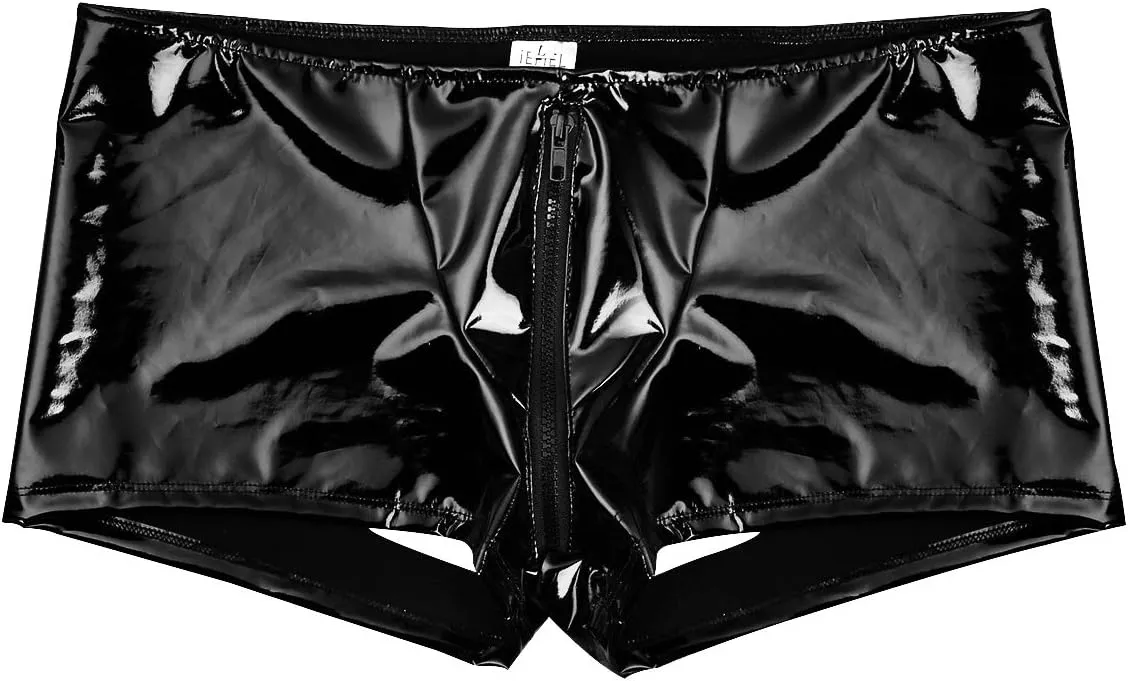 FEESHOW Men's PVC Metallic Boxer Briefs Zipper Pouch Open Butt Shorts Underwear