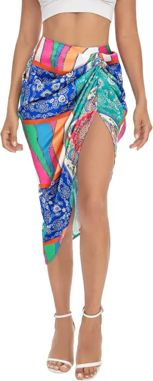 Floerns Women's Boho Floral Print Split Thigh Satin Ruched Midi Skirt