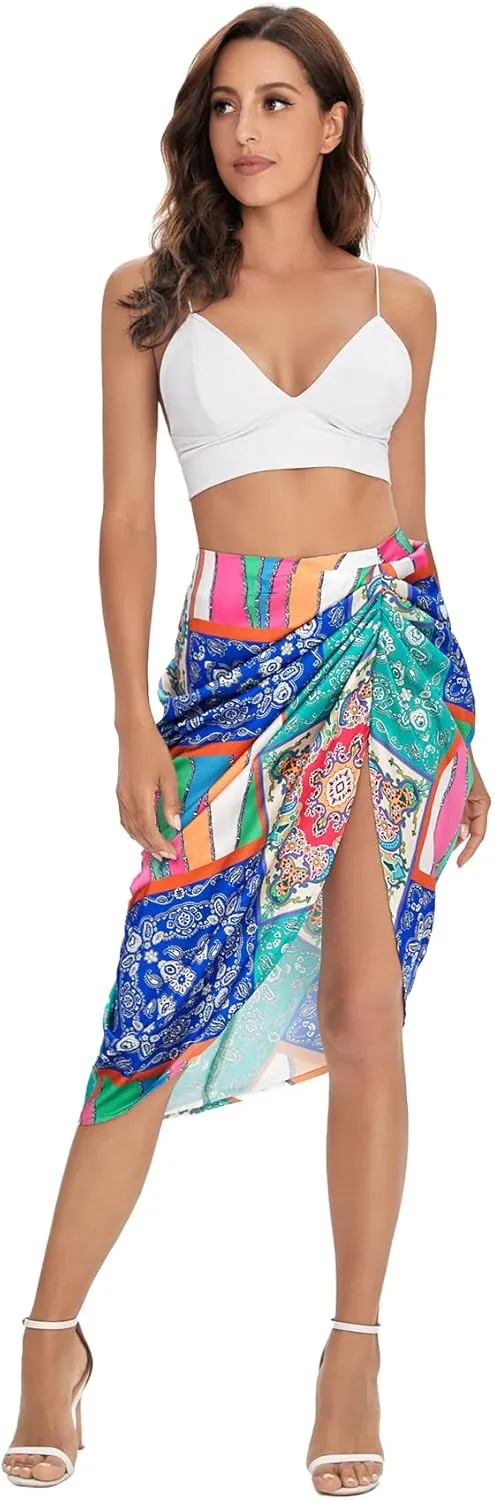 Floerns Women's Boho Floral Print Split Thigh Satin Ruched Midi Skirt