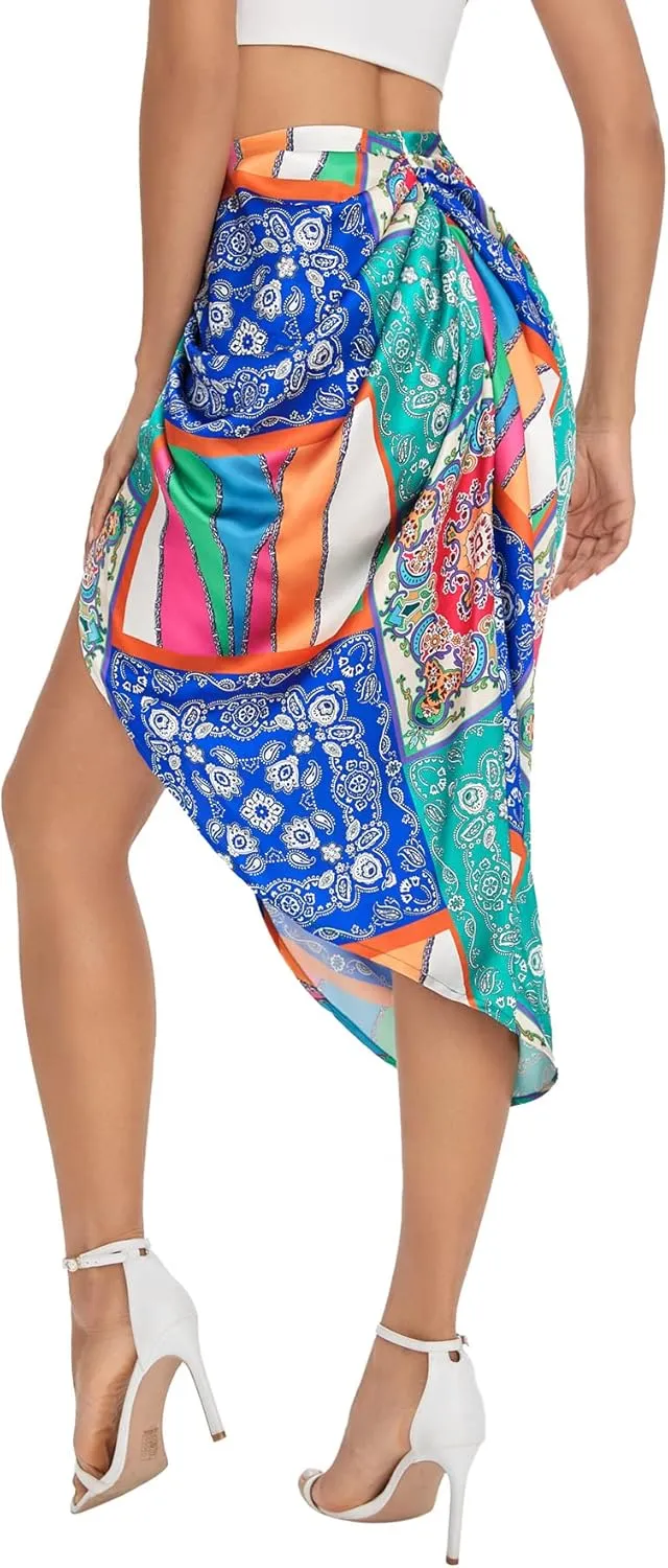 Floerns Women's Boho Floral Print Split Thigh Satin Ruched Midi Skirt