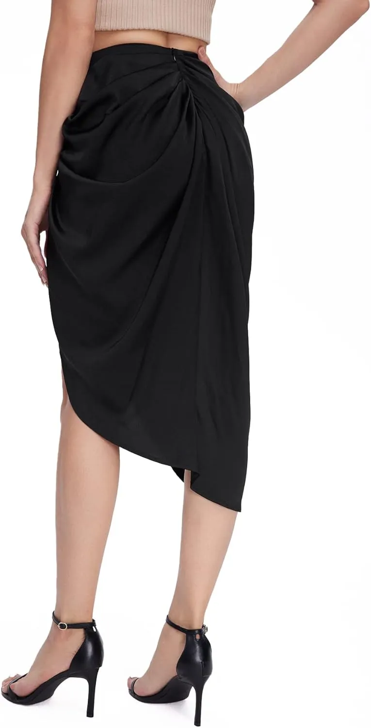 Floerns Women's Boho Floral Print Split Thigh Satin Ruched Midi Skirt