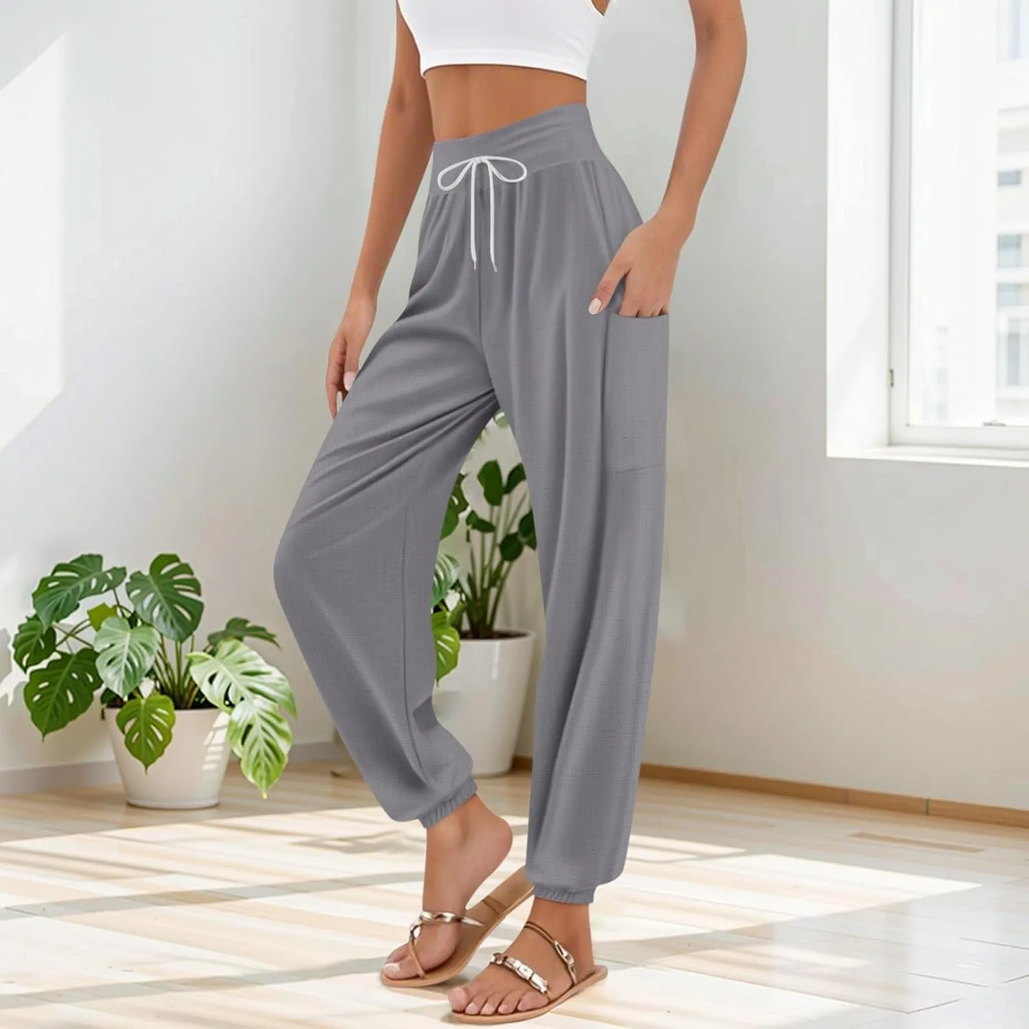 Flowy Pants for Women,Women's Harem Pants, High Waist Drawstring Joggers Boho Trousers Hippie Clothes with Pockets L1