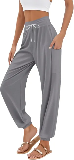 Flowy Pants for Women,Women's Harem Pants, High Waist Drawstring Joggers Boho Trousers Hippie Clothes with Pockets L1