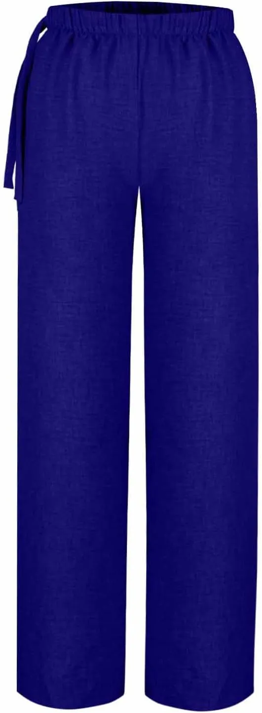 Flowy Summer Pants for Women Casual Cotton Linen Pants Side Drawstring High Waisted Wide Leg Trousers with Pockets