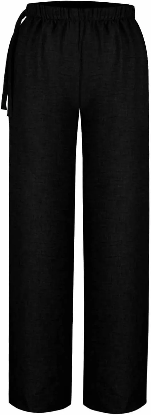Flowy Summer Pants for Women Casual Cotton Linen Pants Side Drawstring High Waisted Wide Leg Trousers with Pockets