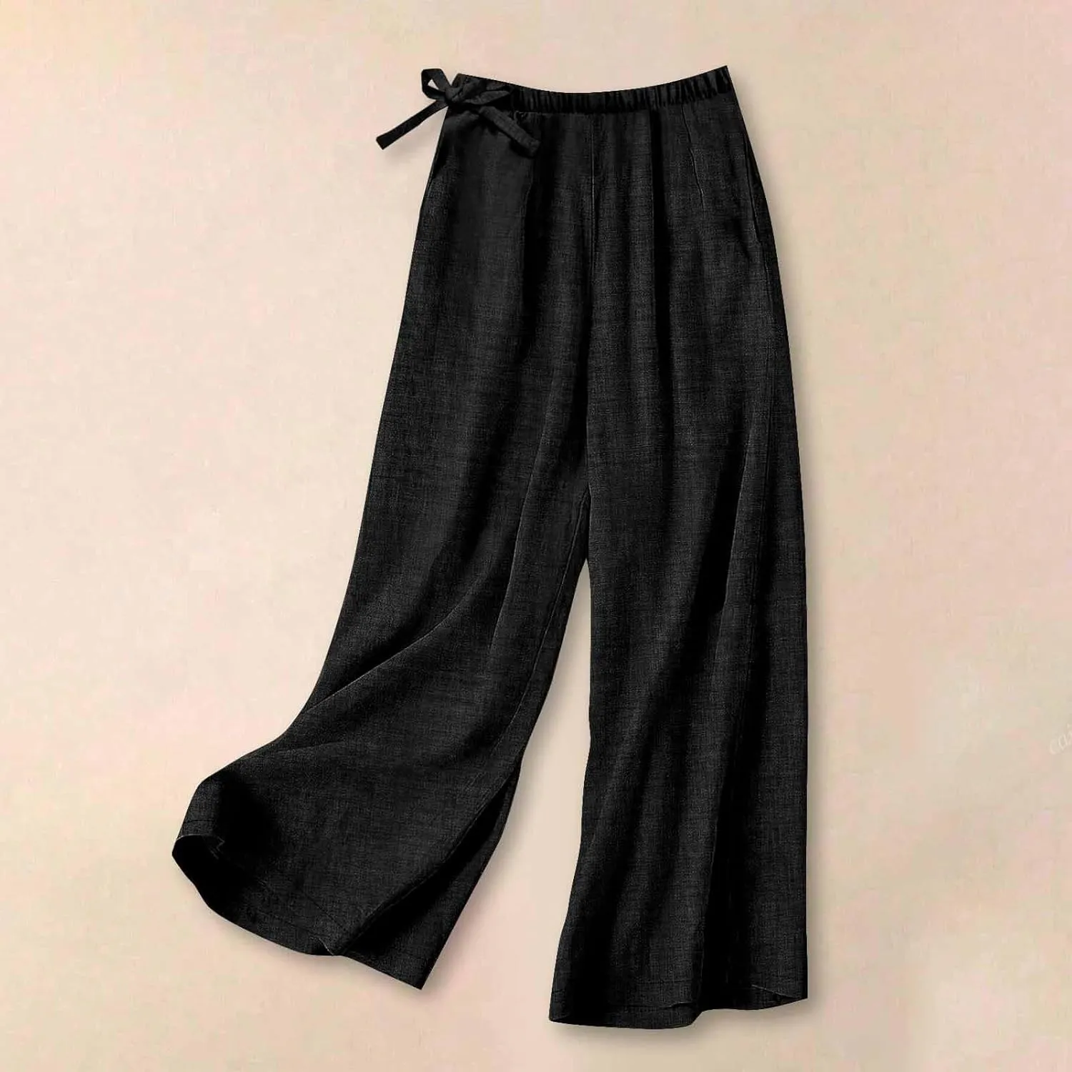 Flowy Summer Pants for Women Casual Cotton Linen Pants Side Drawstring High Waisted Wide Leg Trousers with Pockets