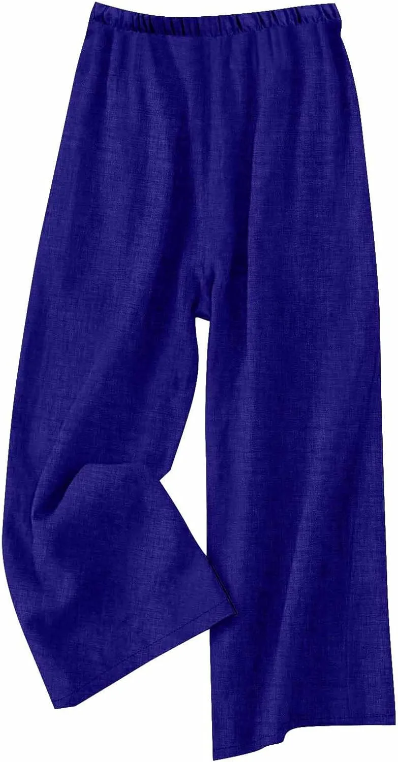 Flowy Summer Pants for Women Casual Cotton Linen Pants Side Drawstring High Waisted Wide Leg Trousers with Pockets