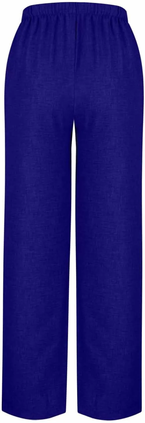 Flowy Summer Pants for Women Casual Cotton Linen Pants Side Drawstring High Waisted Wide Leg Trousers with Pockets