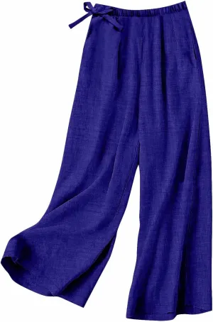 Flowy Summer Pants for Women Casual Cotton Linen Pants Side Drawstring High Waisted Wide Leg Trousers with Pockets
