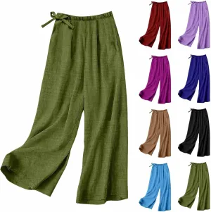 Flowy Summer Pants for Women Casual Cotton Linen Pants Side Drawstring High Waisted Wide Leg Trousers with Pockets