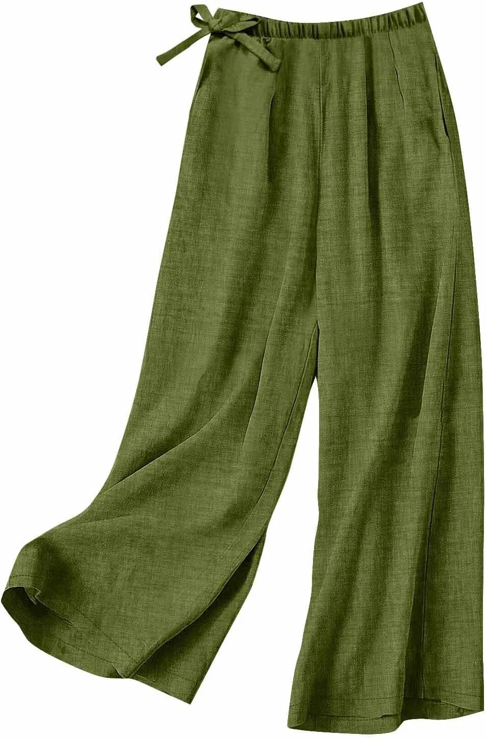 Flowy Summer Pants for Women Casual Cotton Linen Pants Side Drawstring High Waisted Wide Leg Trousers with Pockets