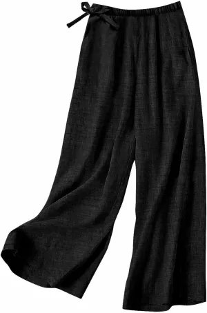 Flowy Summer Pants for Women Casual Cotton Linen Pants Side Drawstring High Waisted Wide Leg Trousers with Pockets