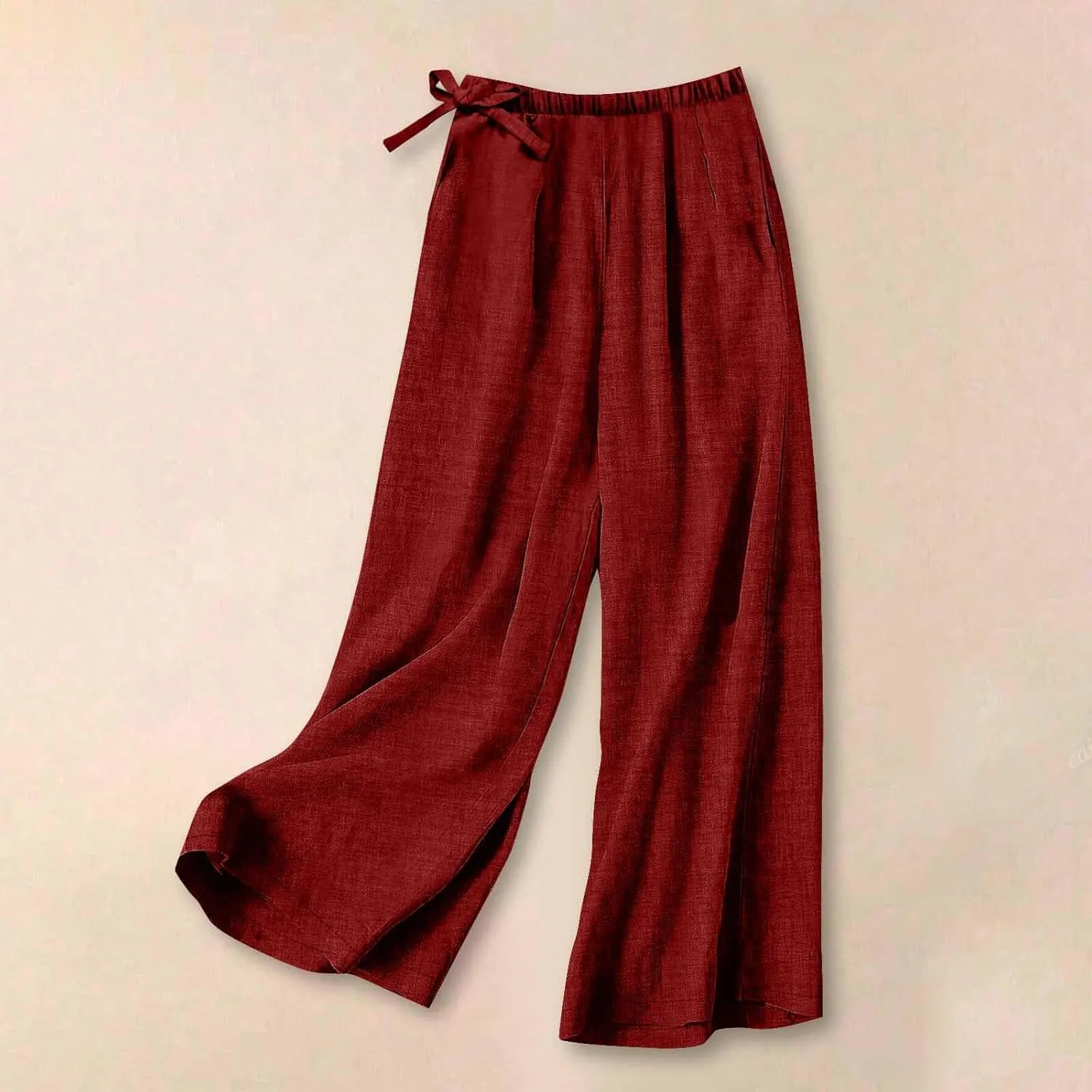 Flowy Summer Pants for Women Casual Cotton Linen Pants Side Drawstring High Waisted Wide Leg Trousers with Pockets