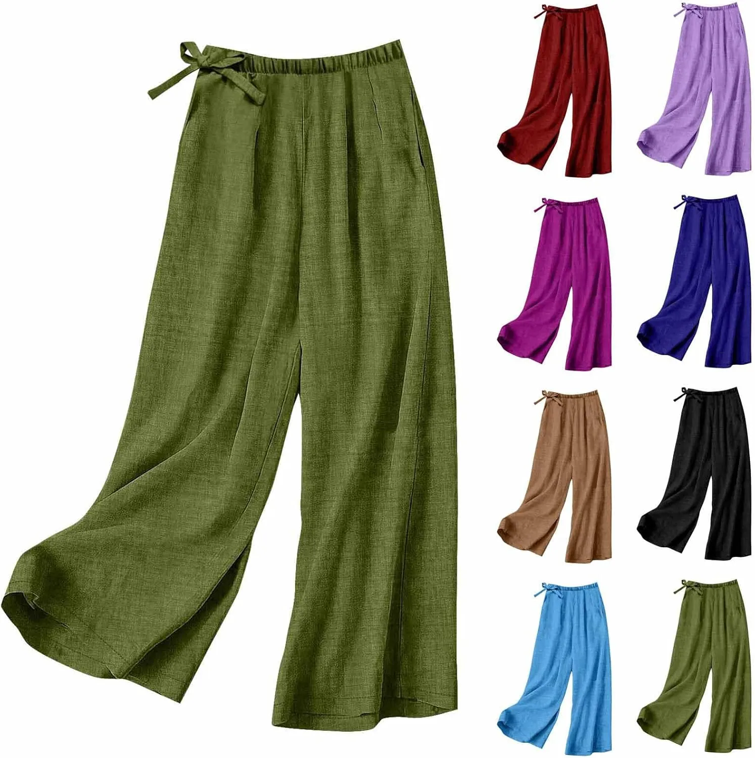 Flowy Summer Pants for Women Casual Cotton Linen Pants Side Drawstring High Waisted Wide Leg Trousers with Pockets