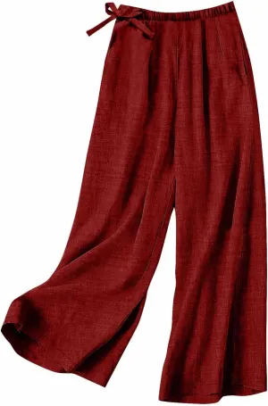 Flowy Summer Pants for Women Casual Cotton Linen Pants Side Drawstring High Waisted Wide Leg Trousers with Pockets
