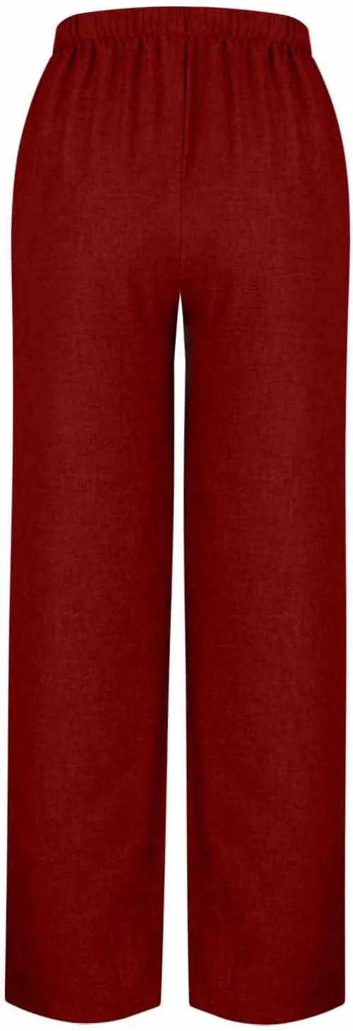 Flowy Summer Pants for Women Casual Cotton Linen Pants Side Drawstring High Waisted Wide Leg Trousers with Pockets