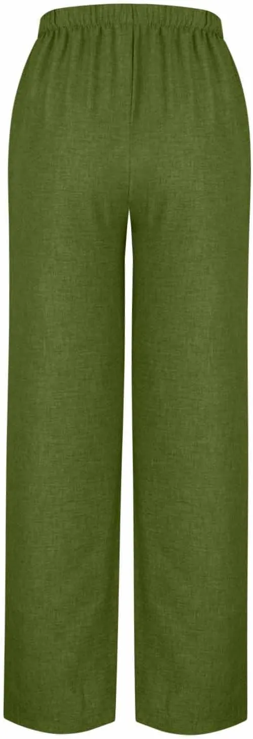 Flowy Summer Pants for Women Casual Cotton Linen Pants Side Drawstring High Waisted Wide Leg Trousers with Pockets