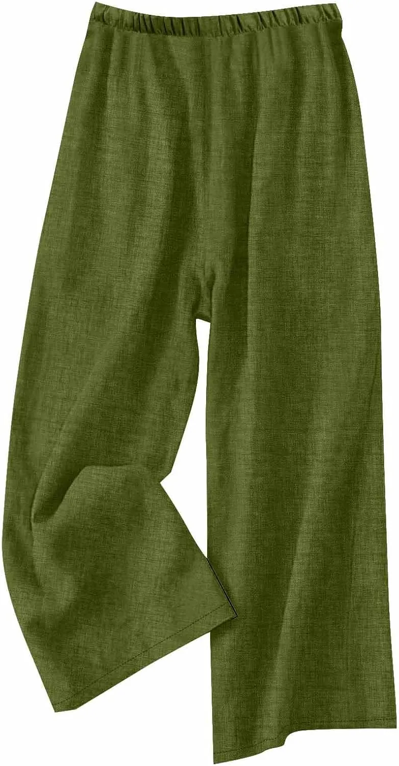 Flowy Summer Pants for Women Casual Cotton Linen Pants Side Drawstring High Waisted Wide Leg Trousers with Pockets
