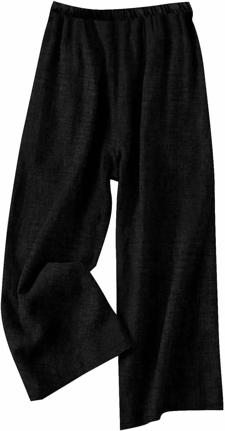 Flowy Summer Pants for Women Casual Cotton Linen Pants Side Drawstring High Waisted Wide Leg Trousers with Pockets
