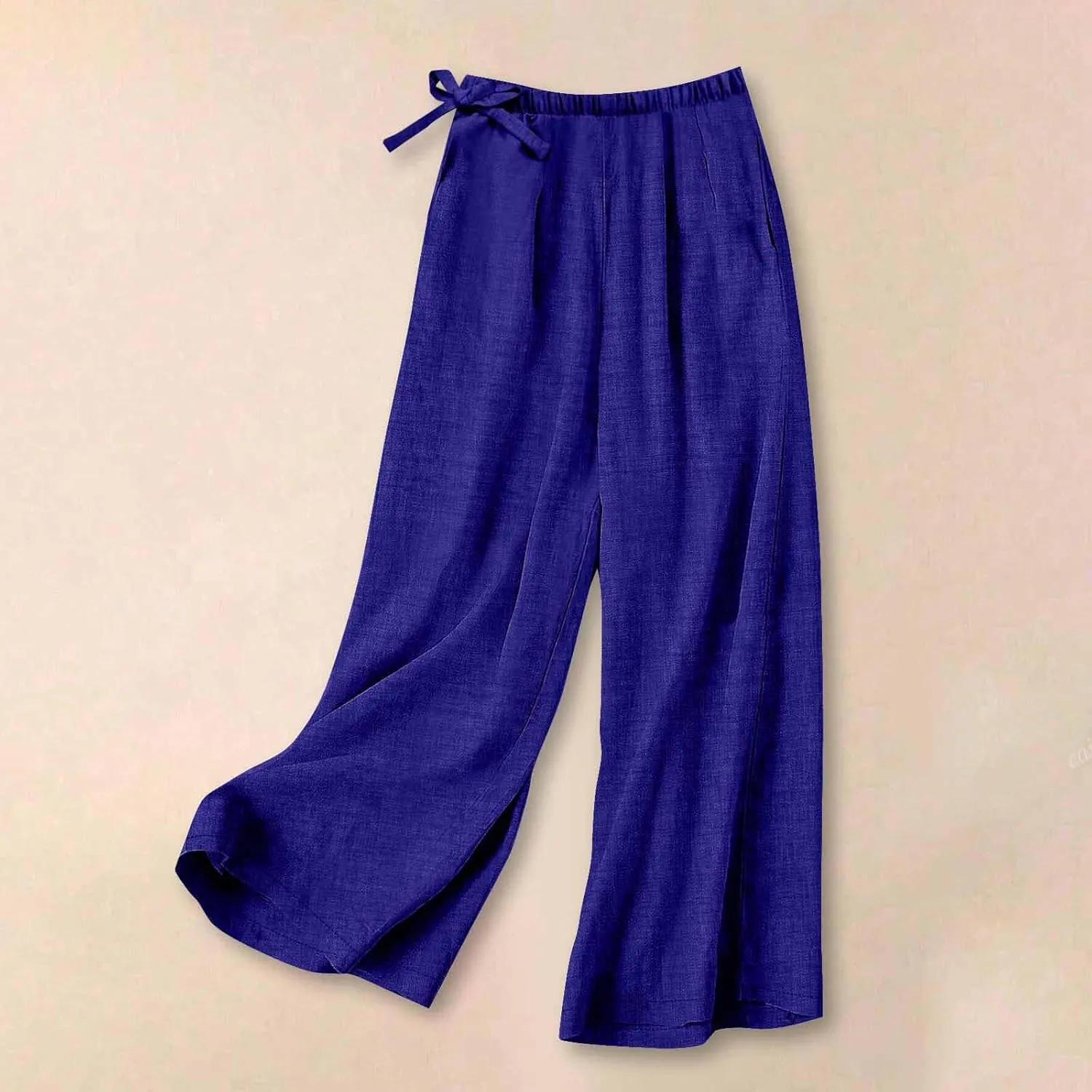 Flowy Summer Pants for Women Casual Cotton Linen Pants Side Drawstring High Waisted Wide Leg Trousers with Pockets