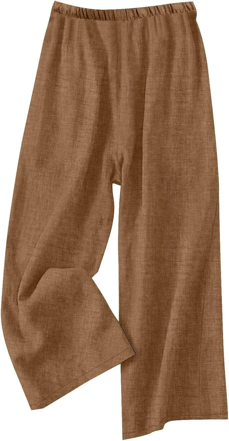 Flowy Summer Pants for Women Casual Cotton Linen Pants Side Drawstring High Waisted Wide Leg Trousers with Pockets
