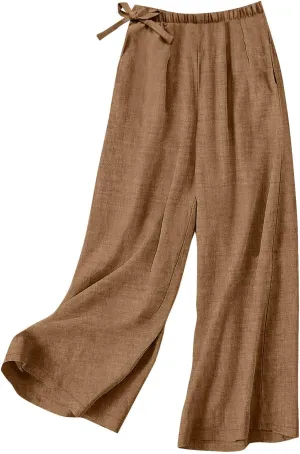Flowy Summer Pants for Women Casual Cotton Linen Pants Side Drawstring High Waisted Wide Leg Trousers with Pockets