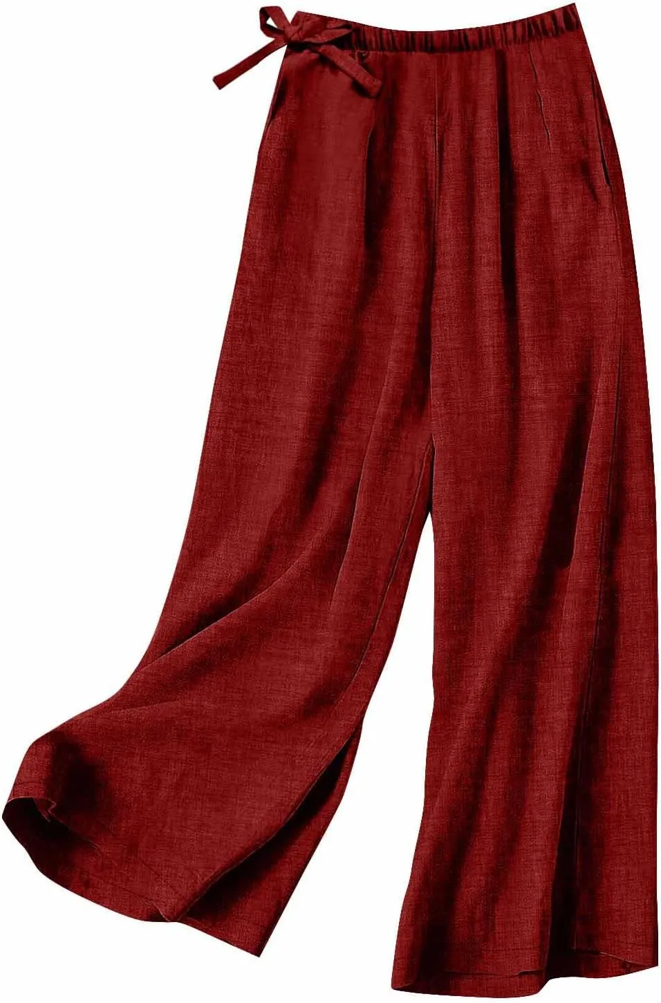 Flowy Summer Pants for Women Casual Cotton Linen Pants Side Drawstring High Waisted Wide Leg Trousers with Pockets