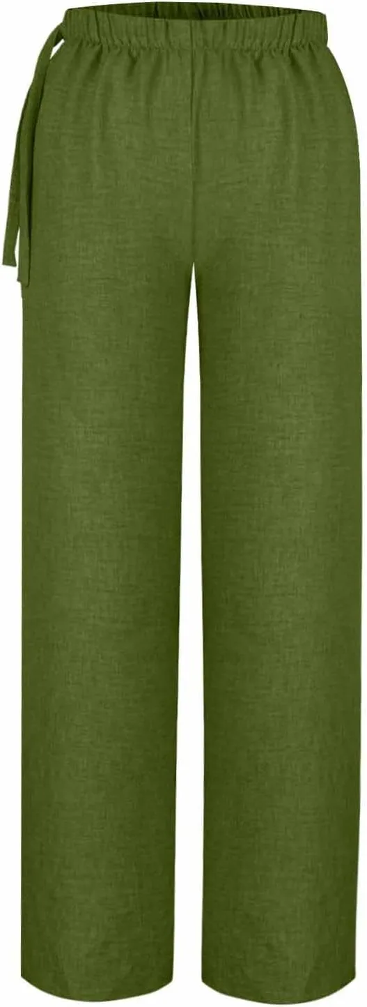Flowy Summer Pants for Women Casual Cotton Linen Pants Side Drawstring High Waisted Wide Leg Trousers with Pockets