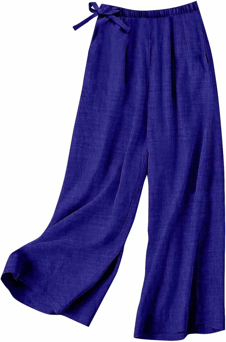 Flowy Summer Pants for Women Casual Cotton Linen Pants Side Drawstring High Waisted Wide Leg Trousers with Pockets