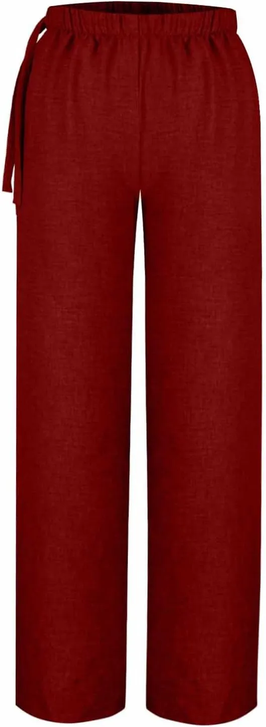 Flowy Summer Pants for Women Casual Cotton Linen Pants Side Drawstring High Waisted Wide Leg Trousers with Pockets