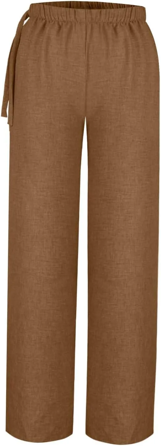 Flowy Summer Pants for Women Casual Cotton Linen Pants Side Drawstring High Waisted Wide Leg Trousers with Pockets