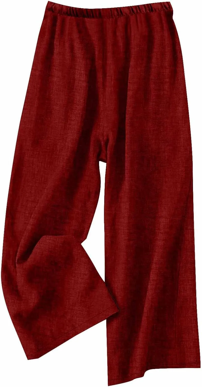 Flowy Summer Pants for Women Casual Cotton Linen Pants Side Drawstring High Waisted Wide Leg Trousers with Pockets