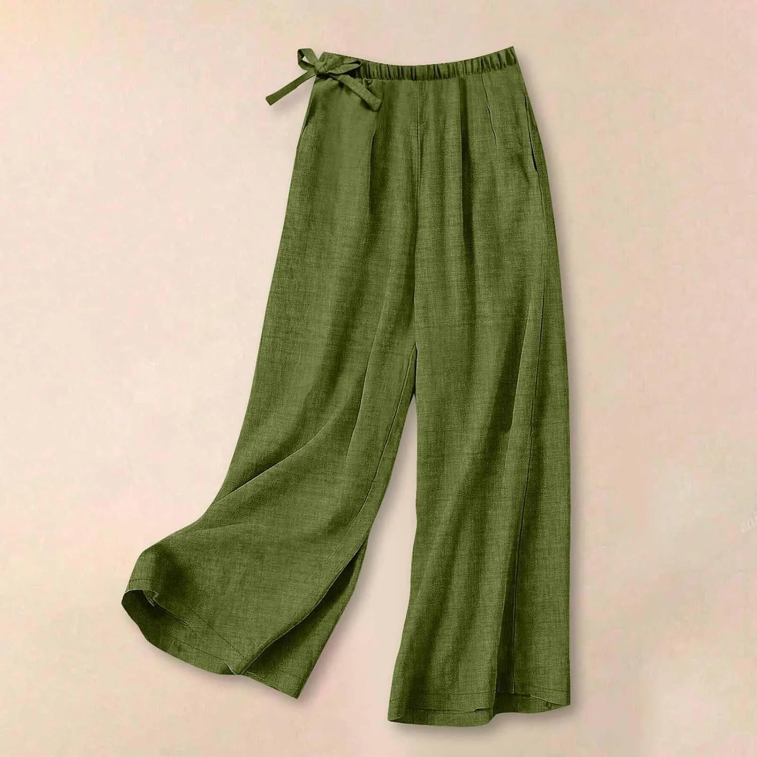 Flowy Summer Pants for Women Casual Cotton Linen Pants Side Drawstring High Waisted Wide Leg Trousers with Pockets