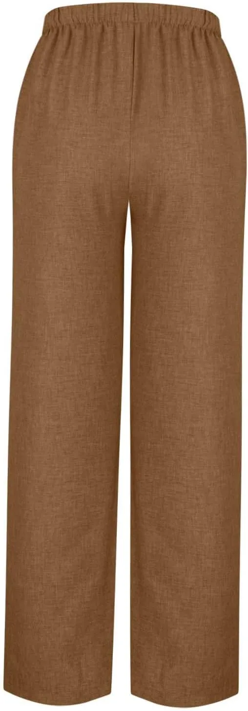 Flowy Summer Pants for Women Casual Cotton Linen Pants Side Drawstring High Waisted Wide Leg Trousers with Pockets