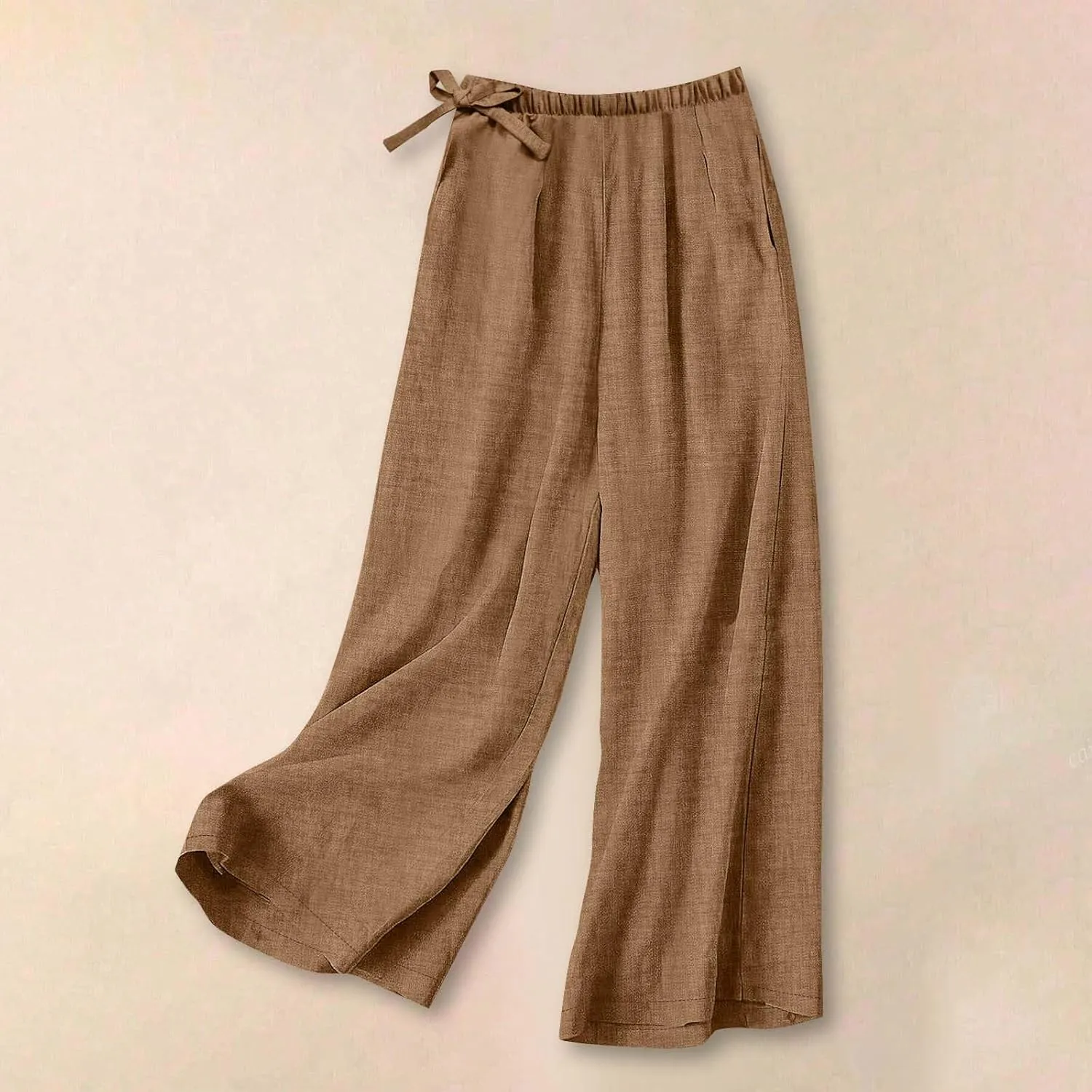 Flowy Summer Pants for Women Casual Cotton Linen Pants Side Drawstring High Waisted Wide Leg Trousers with Pockets