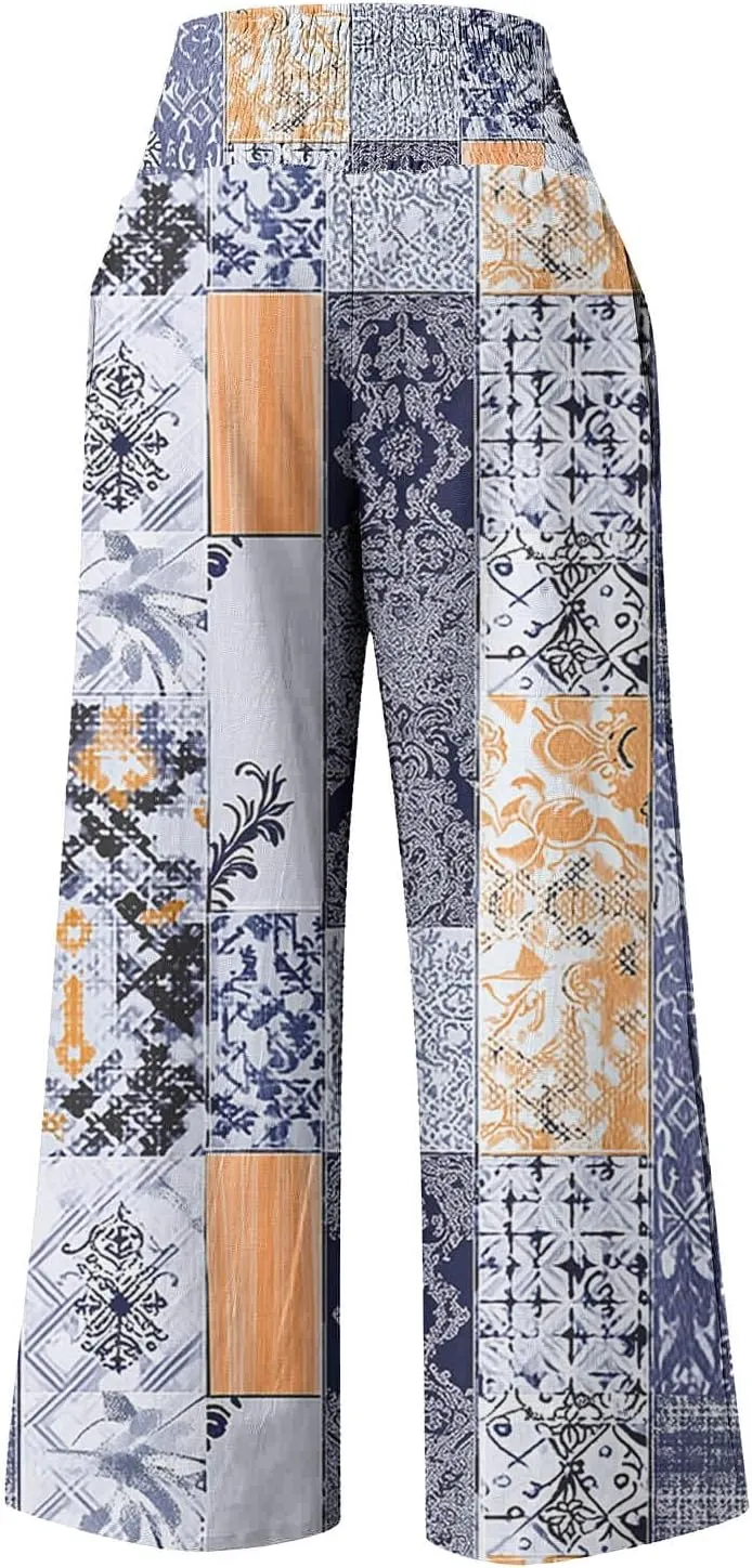 Flowy Summer Pants for Women Casual Loose Printed Linen Beach Pants Women Wide Leg Linen Pants Trousers Pockets