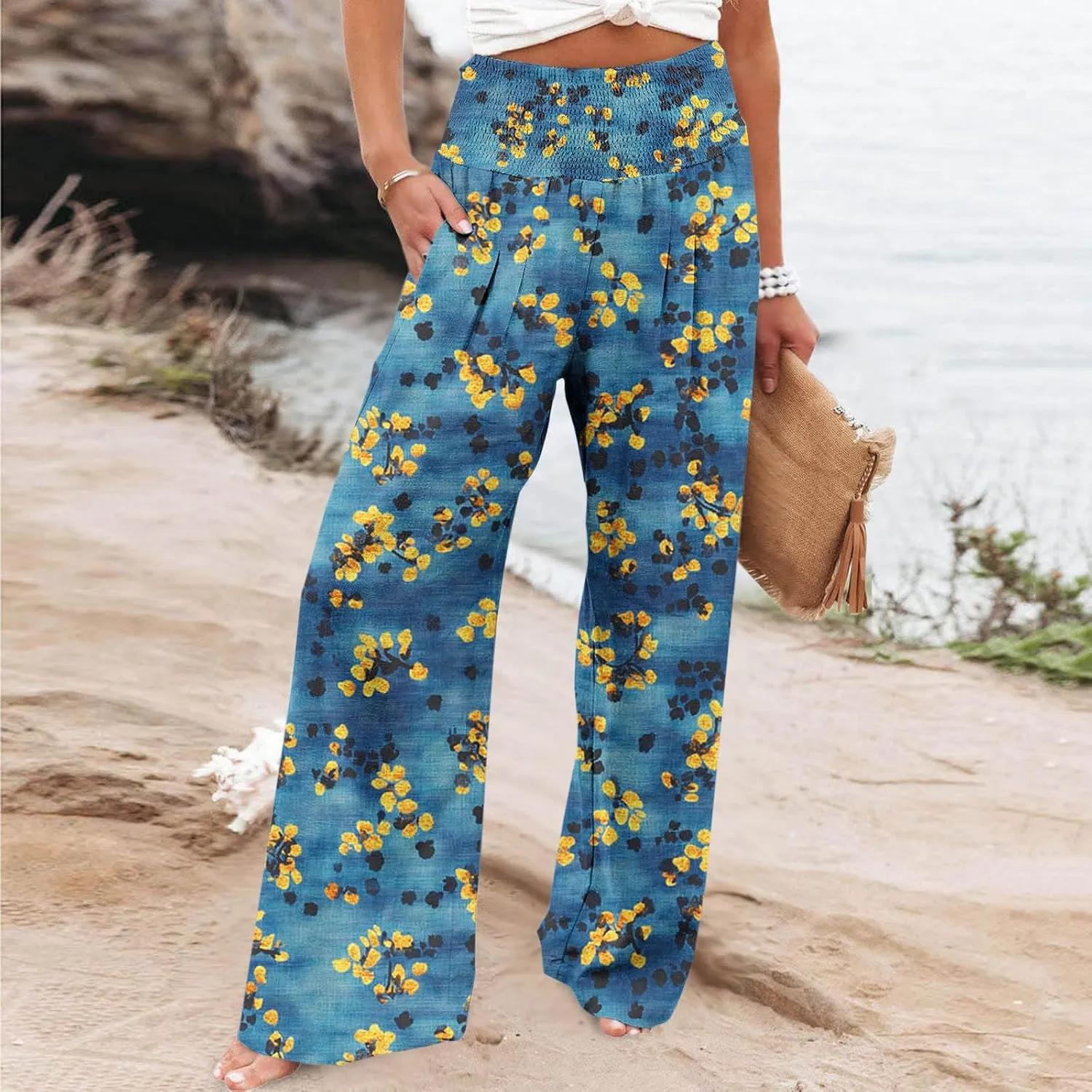 Flowy Summer Pants for Women Casual Loose Printed Linen Beach Pants Women Wide Leg Linen Pants Trousers Pockets