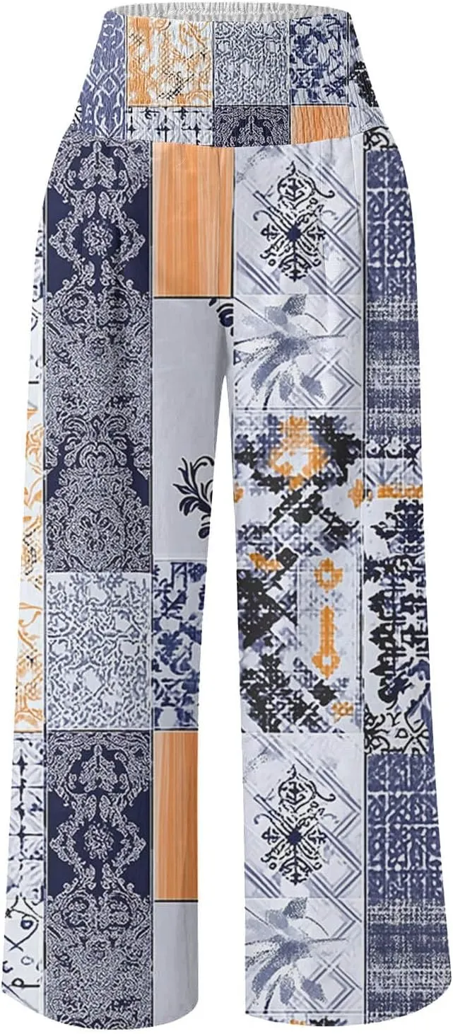 Flowy Summer Pants for Women Casual Loose Printed Linen Beach Pants Women Wide Leg Linen Pants Trousers Pockets