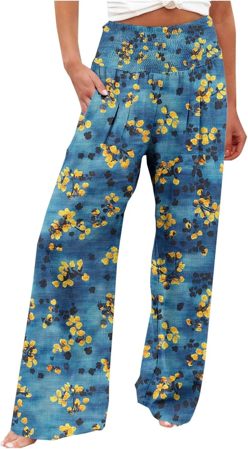 Flowy Summer Pants for Women Casual Loose Printed Linen Beach Pants Women Wide Leg Linen Pants Trousers Pockets