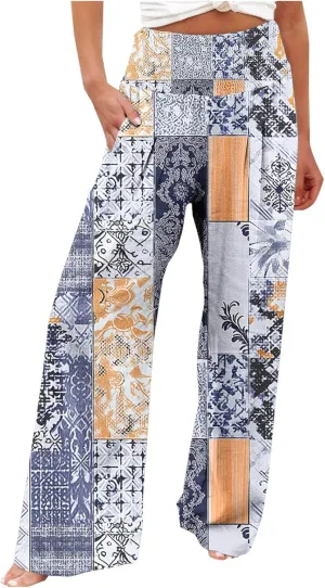 Flowy Summer Pants for Women Casual Loose Printed Linen Beach Pants Women Wide Leg Linen Pants Trousers Pockets