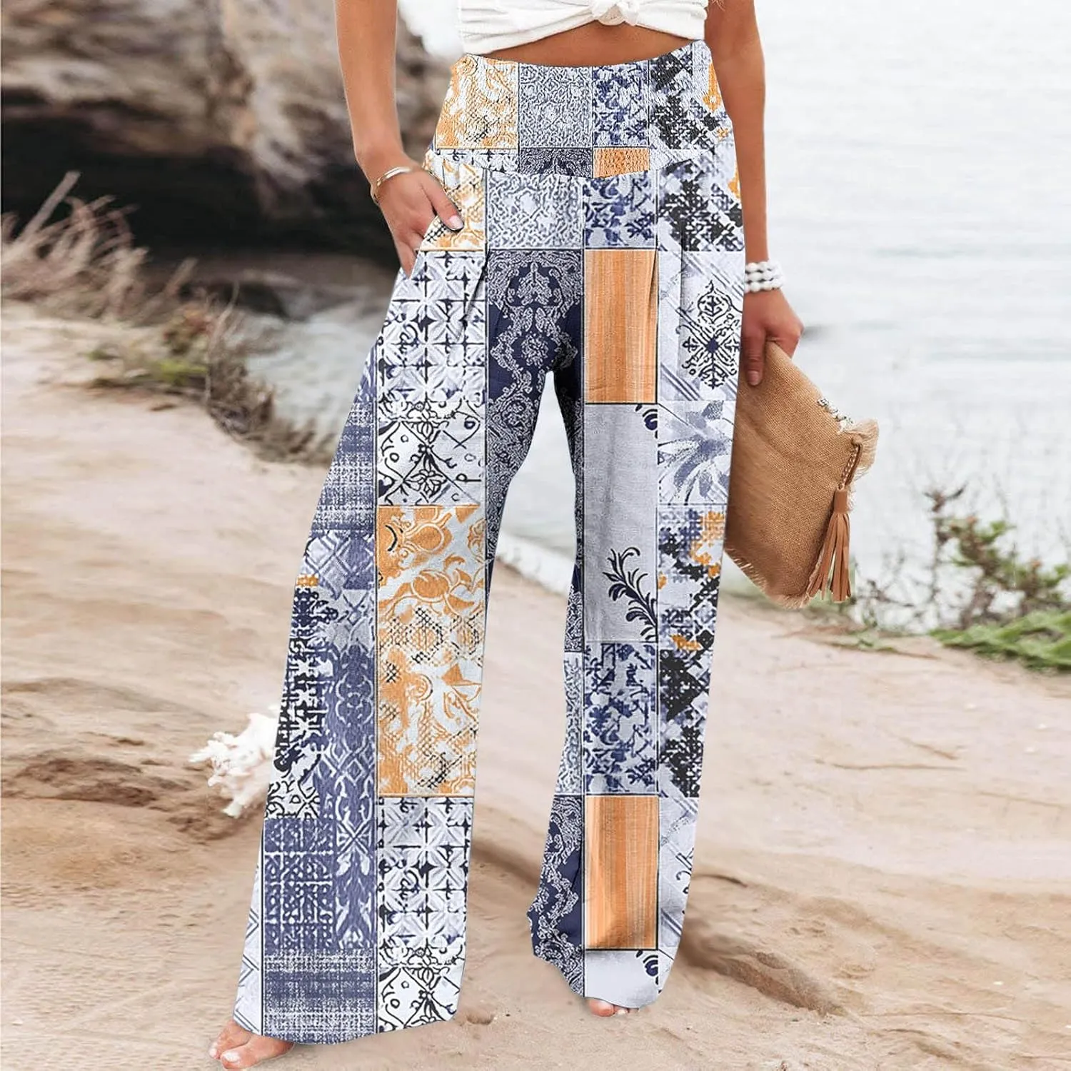 Flowy Summer Pants for Women Casual Loose Printed Linen Beach Pants Women Wide Leg Linen Pants Trousers Pockets