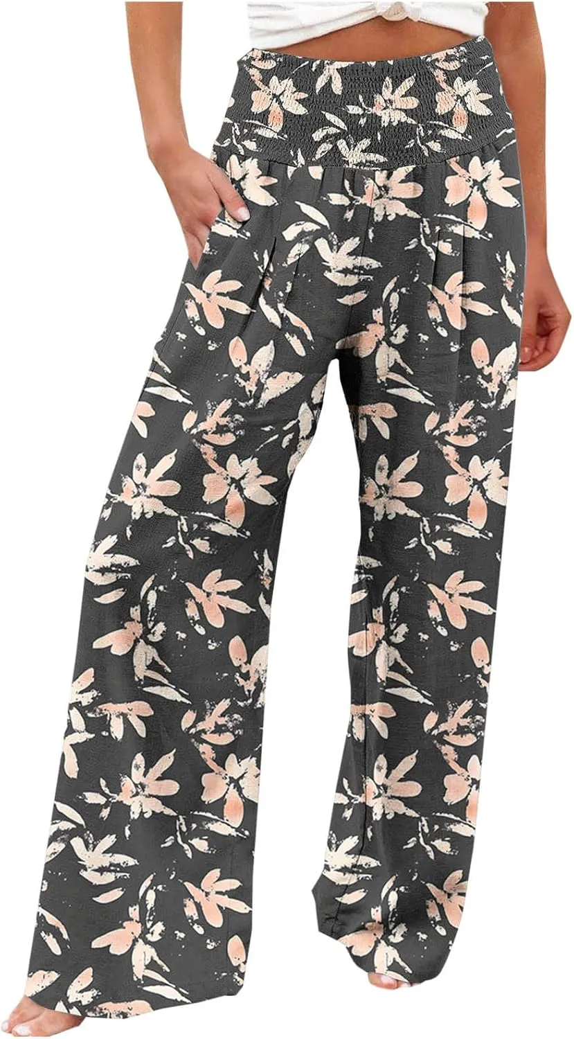 Flowy Summer Pants for Women Casual Loose Printed Linen Beach Pants Women Wide Leg Linen Pants Trousers Pockets