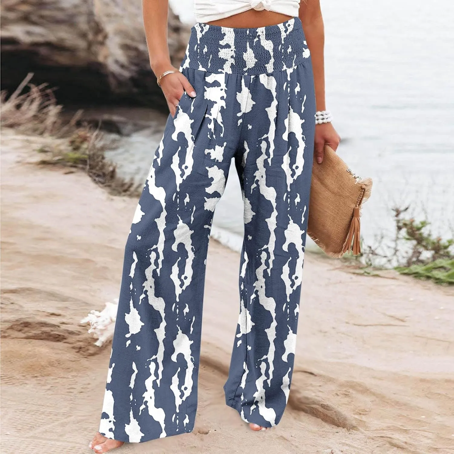 Flowy Summer Pants for Women Casual Loose Printed Linen Beach Pants Women Wide Leg Linen Pants Trousers Pockets