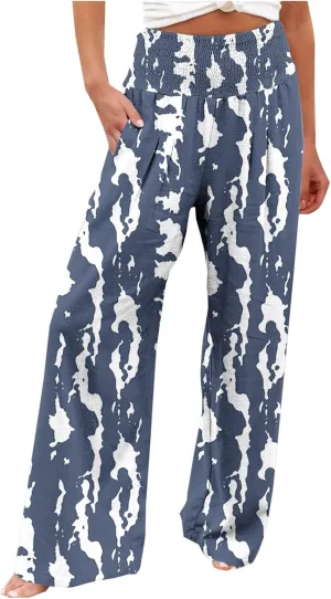 Flowy Summer Pants for Women Casual Loose Printed Linen Beach Pants Women Wide Leg Linen Pants Trousers Pockets