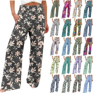 Flowy Summer Pants for Women Casual Loose Printed Linen Beach Pants Women Wide Leg Linen Pants Trousers Pockets