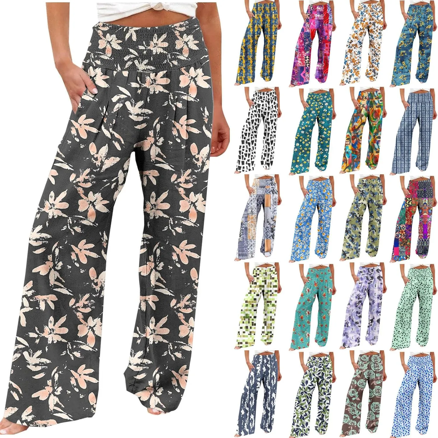 Flowy Summer Pants for Women Casual Loose Printed Linen Beach Pants Women Wide Leg Linen Pants Trousers Pockets