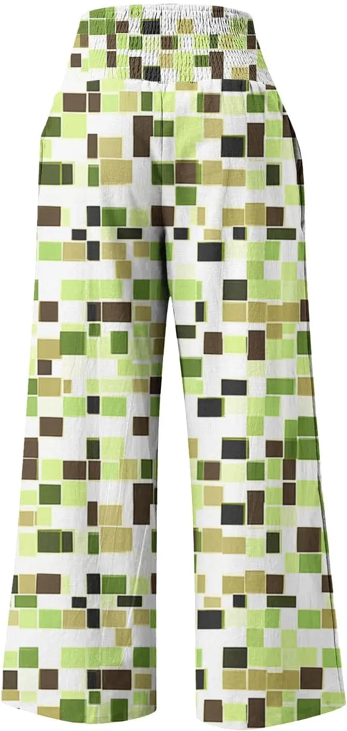 Flowy Summer Pants for Women Casual Loose Printed Linen Beach Pants Women Wide Leg Linen Pants Trousers Pockets